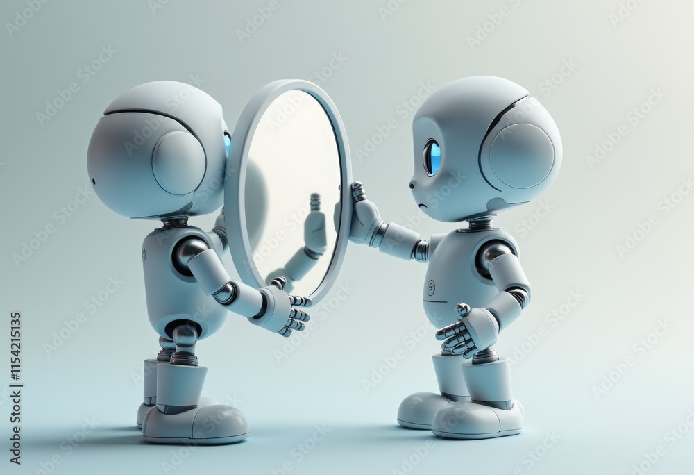Poster a robot looks into a mirror contemplating its reflection.