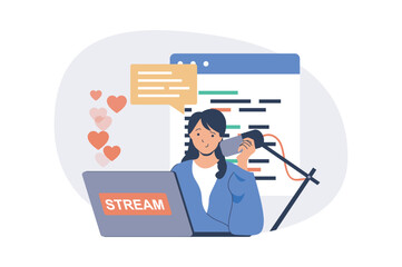 Video streaming web concept with flat cartoon people for website design. Woman talking to microphone and making live broadcast, creating blog content with news and followers chat. Vector illustration.