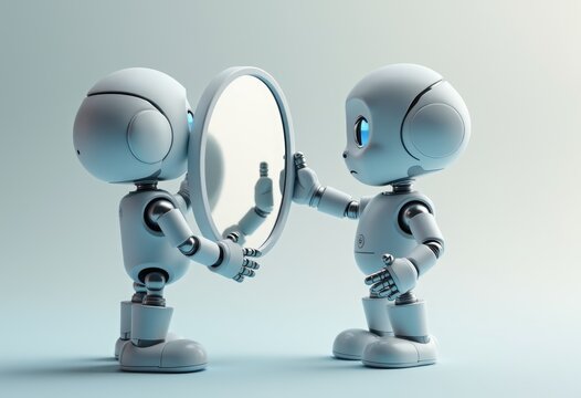 A robot looks into a mirror  contemplating its reflection.