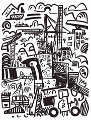 Urban Construction Doodle Cityscape Sketch, Building, Cranes, Skyline, Industrial Design, Background, Illustration.