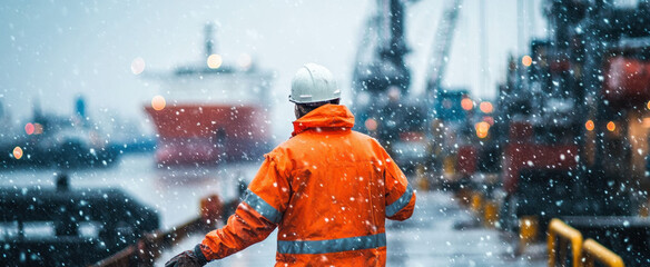 A worker wearing an orange safety jacket and hard hat stands on a snowy dock, watching heavy machinery and ships in the background.