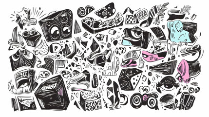 Whimsical abstract shapes collage, playful design elements, vibrant background, website design.