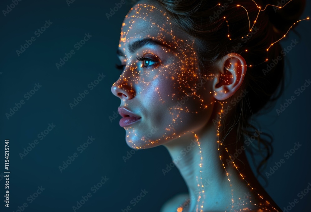 Poster a woman's face is illuminated by glowing lines creating a futuristic aesthetic.