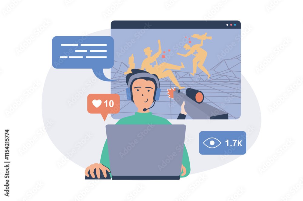 Poster Video streaming web concept with flat cartoon people for website design. Man playing in virtual shooter and making live broadcast, blogger communicating with followers at stream. Vector illustration.