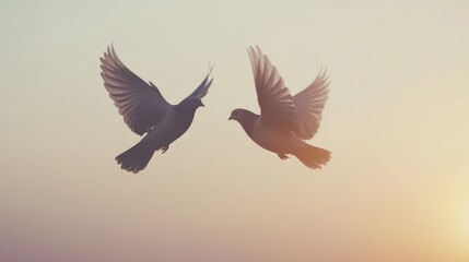 Obraz premium Silhouetted Birds in Flight Against a Soft Sunset Background