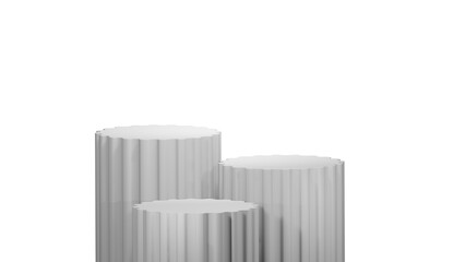 3D Cylinder striped 3 white pedestal podiums with layer and close up on transparent background clean luxury style