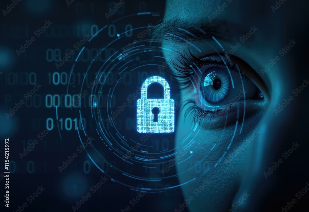 Poster A close up of an eye with a glowing padlock symbol  representing digital security and privacy.