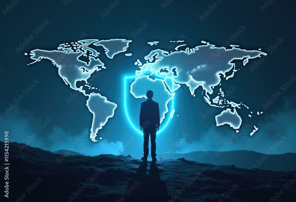 Poster a silhouette of a man standing in front of a glowing shield protecting a world map.