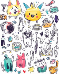 Whimsical Cat Jewelry Doodle Illustration, White Background, Design Elements.