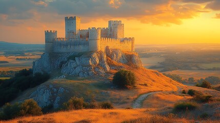 Obraz premium Majestic Castle Perched Atop Hillside Sunset Glow