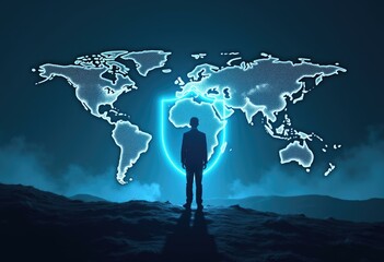 A silhouette of a man standing in front of a glowing shield protecting a world map.