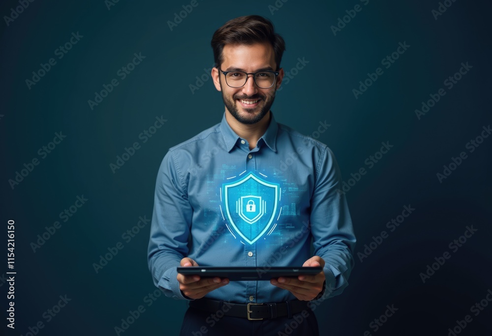 Poster a man holding a tablet with a digital shield icon symbolizing cybersecurity.
