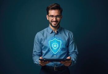 A man holding a tablet with a digital shield icon  symbolizing cybersecurity.