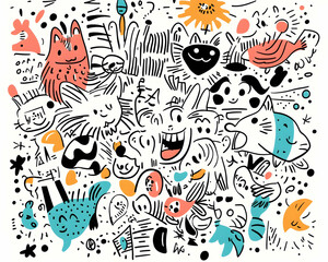 Whimsical doodle animals party background illustration.
