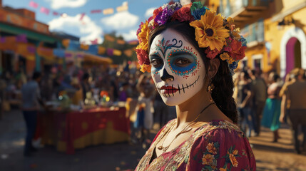 Woman celebrates Day of the Dead with artistic face paint and a floral crown, surrounded by colorful decorations and a lively crowd in a festive atmosphere.