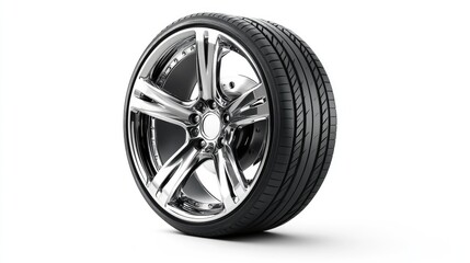 Obraz premium Modern Chrome Alloy Wheel with High-Performance Tire on White Background