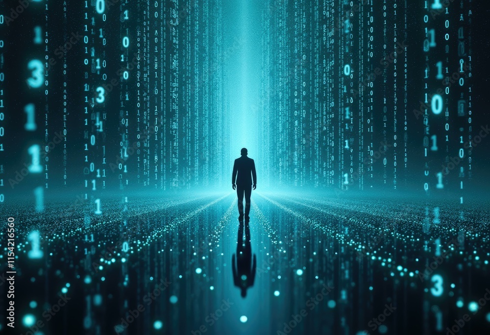 Poster A solitary figure walks through a digital landscape of binary code.