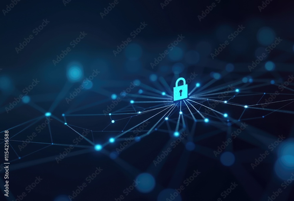 Poster A glowing padlock icon sits on a network of connected lines  representing data security.
