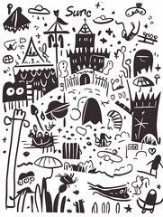 Whimsical Doodle Cityscape Fantasy illustration, playful characters, background elements, for design.