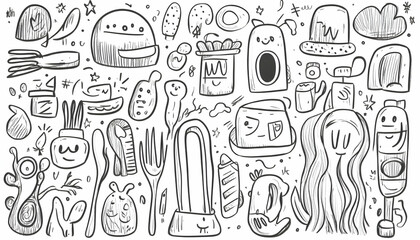 Whimsical Doodle Collection Cute Monsters, Food & Utensils Background Design for Kids' Books.