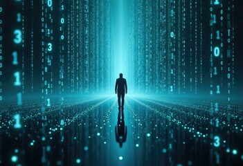 A solitary figure walks through a digital landscape of binary code.