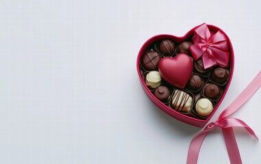 A red heart-shaped box filled with assorted chocolates and tied with a satin ribbon, isolated on a bright white background