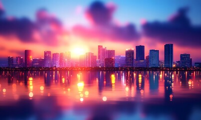 Obraz premium Vibrant City Lights, Panoramic Background of a Modern Cityscape at Dusk
