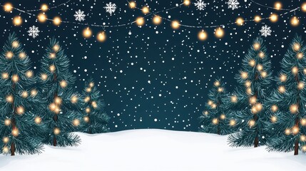 A winter scene featuring snow-covered ground, decorated trees, glowing lights, and falling snowflakes, creating a festive and cozy atmosphere.