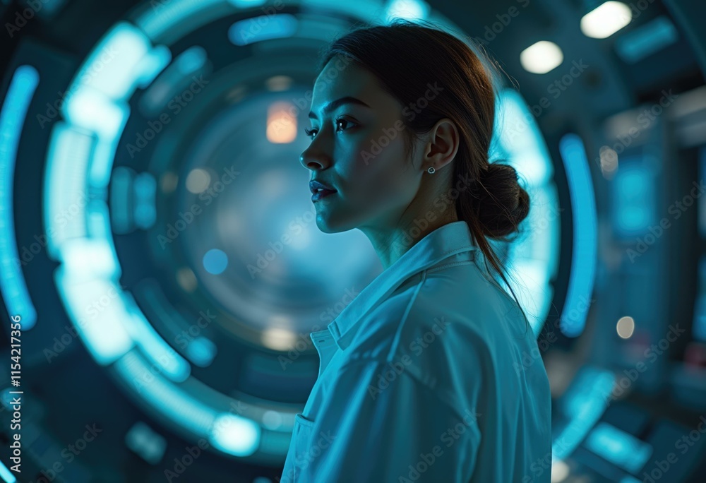 Poster a woman in a white lab coat stands in a futuristic setting looking intently at something.