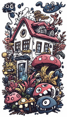 Fototapeta premium Whimsical House, Fantasy Creatures, Garden, Illustration, T-Shirt Design.