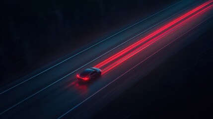 A sleek car drives along a dark road, leaving vibrant red light trails against a backdrop of moody colors.