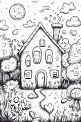 Fototapeta premium Whimsical House, Night Sky, Fantasy Garden, Coloring Page, Children's Book Illustration.