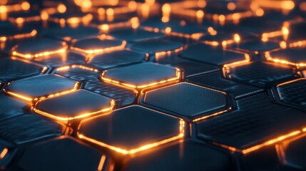 Obraz premium Abstract background with glowing hexagons. Futuristic technology honeycomb mosaic. 3D render illustration