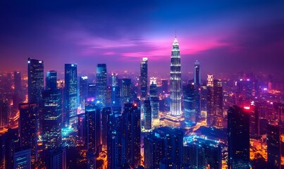 Fototapeta premium Vibrant City Lights, Panoramic Background of a Modern Cityscape at Dusk