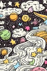 Whimsical Space Doodle Art Print, Galaxy Background, Cosmic Design, for Phone Wallpaper.