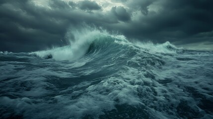 A dramatic scene of dark ocean waves crashing under a stormy sky, capturing the power and intensity of nature. Perfect for themes of danger, weather, or the ocean's raw energy.. AI Generation
