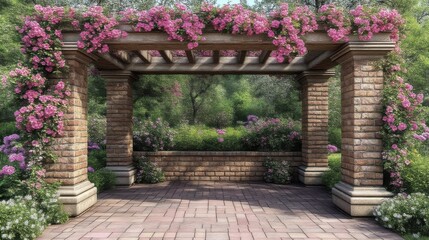 Fototapeta premium Romantic brick pergola with pink climbing roses in garden.
