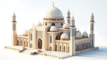 Obraz premium 3D rendering showcases a majestic mosque with multiple domes minarets and intricate detailing The light beige structure suggests a peaceful spiritual atmosphere