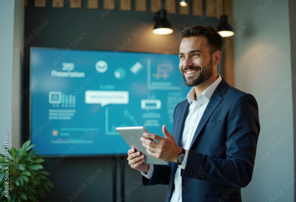 Aufkleber a businessman smiles while looking at a presentation on a screen.