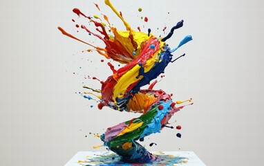 A twisting tower of vivid paint splashes, forming a dynamic tornado-like structure on a bright white surface