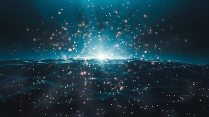 Mystical dark blue background with glowing light particles forming radiant lines, creating an enchanting scene with depth, magic, and a captivating sense of wonder