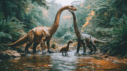 Dinosaurs in a lush, prehistoric forest near a river.