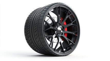 Sleek Black Alloy Wheel with High-Performance Tire on White Background