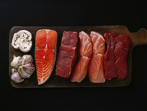 Meat and vegetable preparation on wood