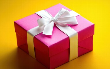 Obraz premium A vibrant pink gift box tied with a white ribbon, ideal for valentines day, on a bright yellow background