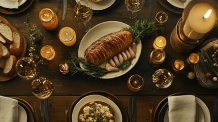 Elegant Holiday Dinner Table with Gourmet Feast and Candles