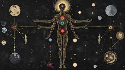 Spiritual evolution depicted with chakras, planets, and stars in esoteric full-body artwork. Oscillation. Illustration