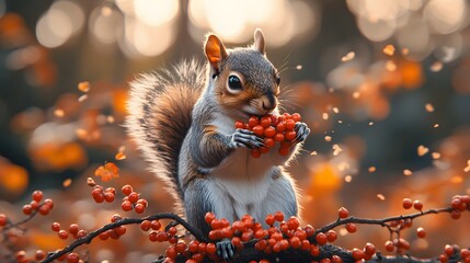 Squirrel Eating Red Berries in Autumn