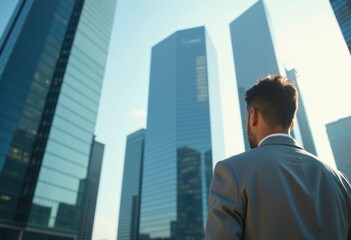 Fototapeta premium A businessman in a suit looks towards a city skyline with tall skyscrapers.