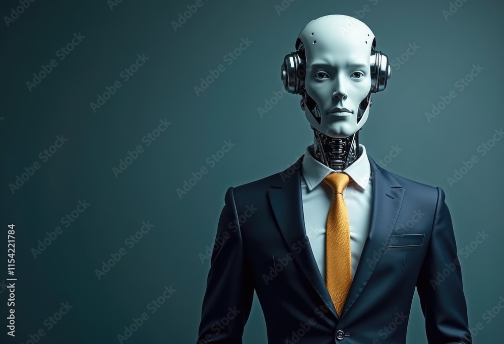 Poster A humanoid robot in a suit  representing the future of artificial intelligence.